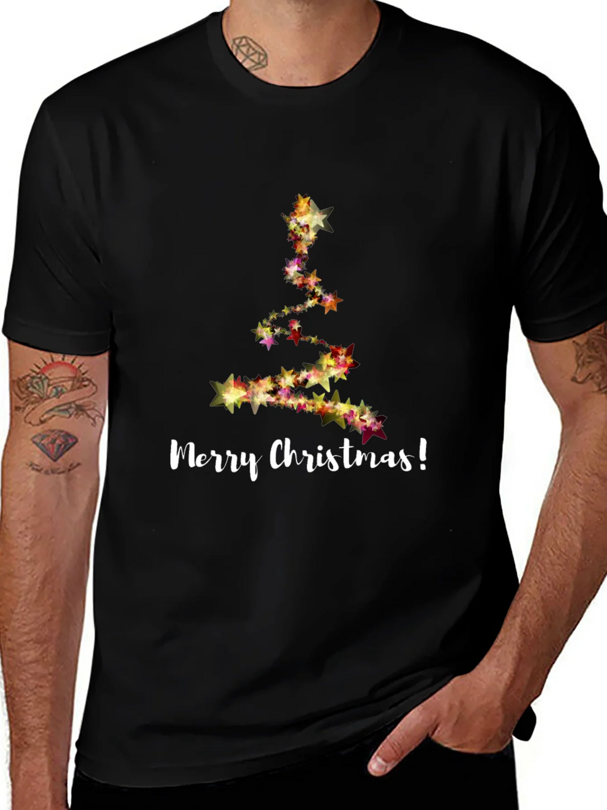 Merry Christmas Star Tree Black T-Shirt