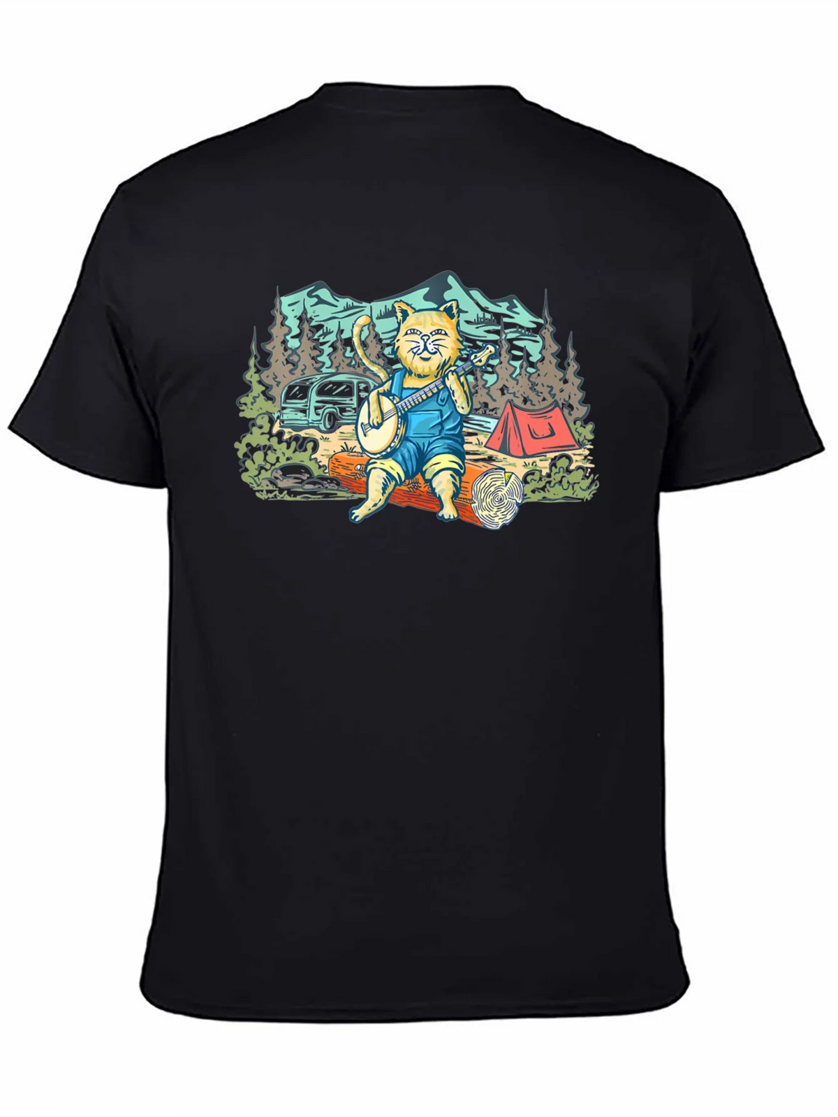 Camping Cat Banjo Graphic T-Shirt